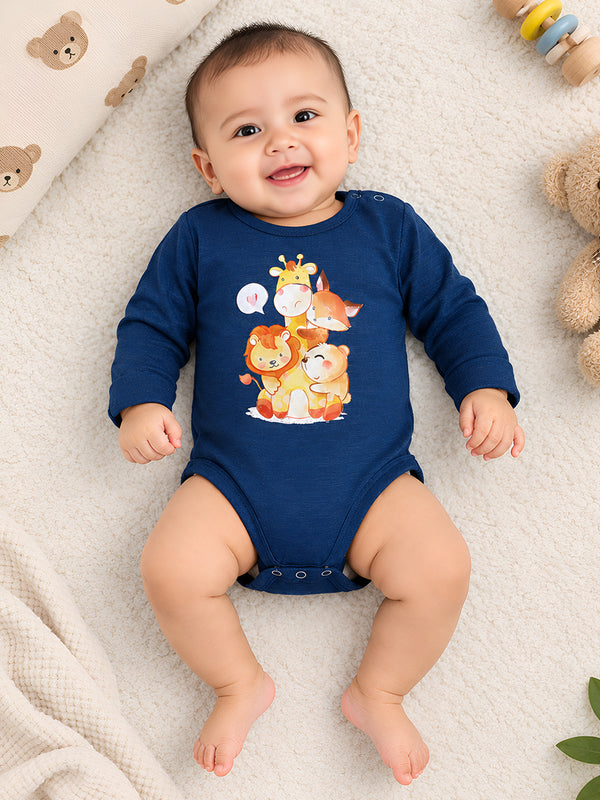 Polka Tots Full Sleeve Romper with Folded Mittens 100% Super Soft Cotton Animals Navy Blue