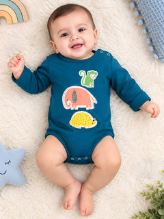 Polka Tots Full Sleeve Romper with Folded Mittens 100% Super Soft Cotton with Applique Animals Blue