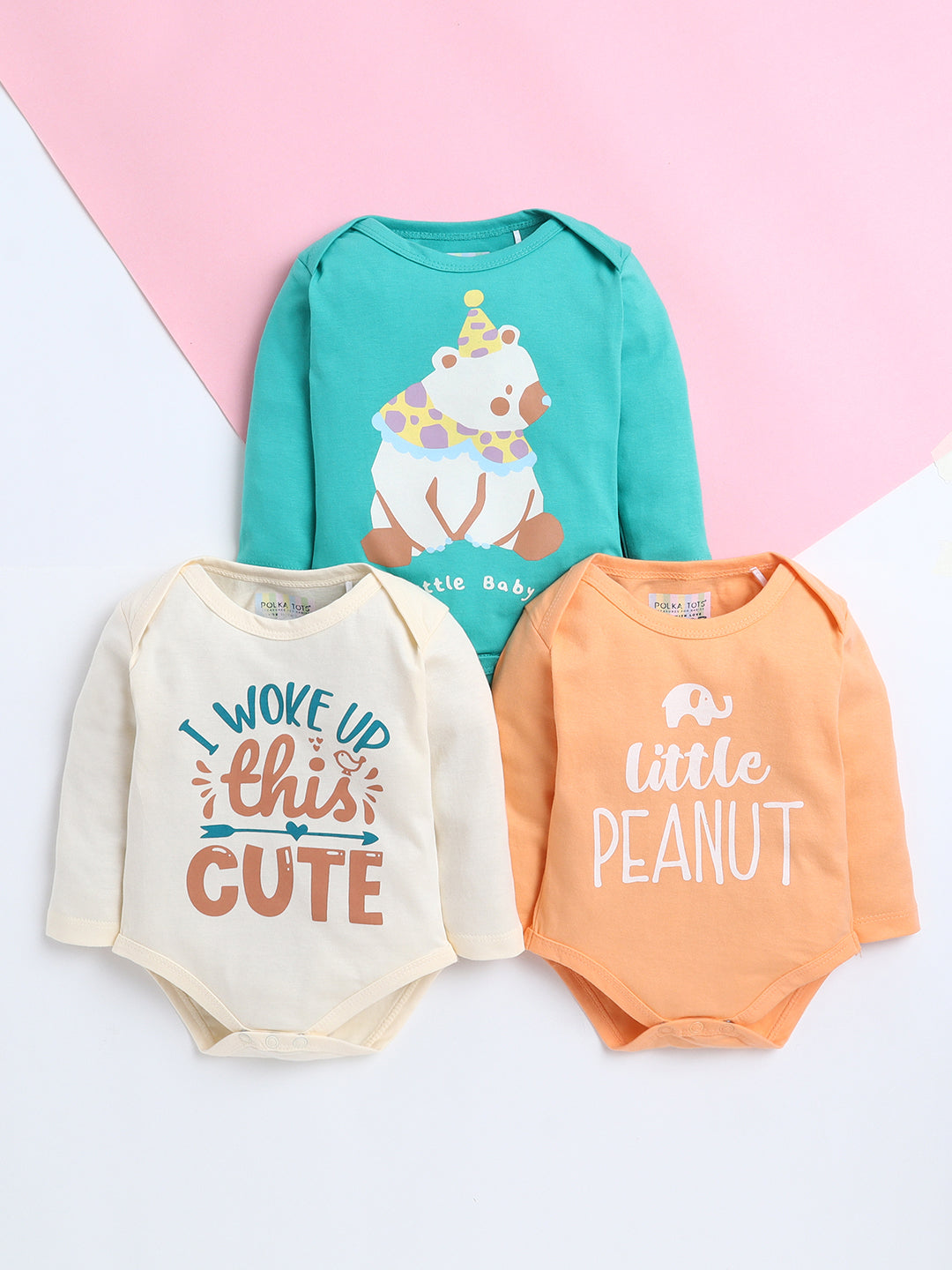 Polka Tots Pack of 3 Soft Cotton Full Sleeves Baby Onesies – Little Baby, “I Woke Up This Cute” & Little Peanut Prints (Multicolor)