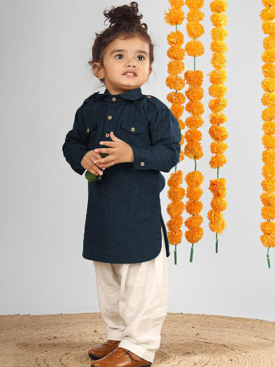 Polka Tots Full Sleeves Pathani Set - Blue