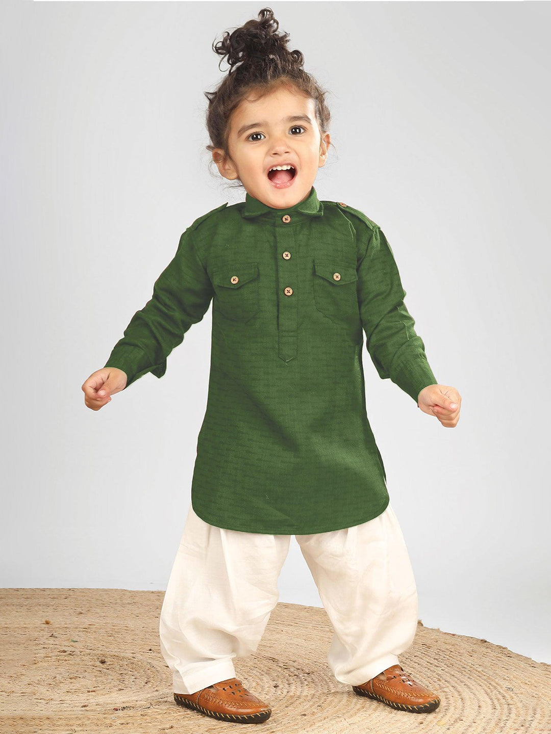 Polka Tots Full Sleeves Pathani Set - Green