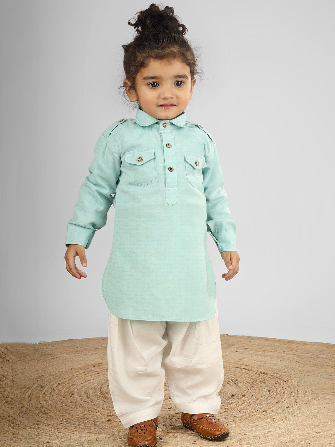 Polka Tots Full Sleeves Pathani Set - Aqua