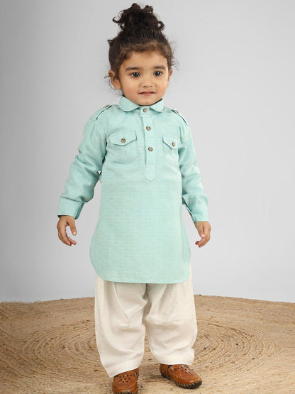 Polka Tots Full Sleeves Pathani Set - Aqua