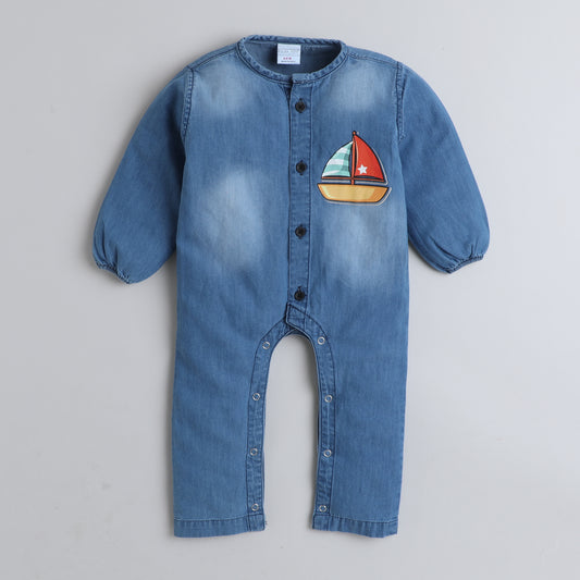 Polka Tots Full Sleeves Ship print Denim Romper - Blue