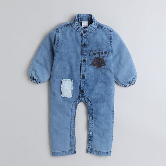 Polka Tots Full Sleeves Camping print Denim Romper - Blue