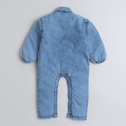 Polka Tots Full Sleeves Camping print Denim Romper - Blue