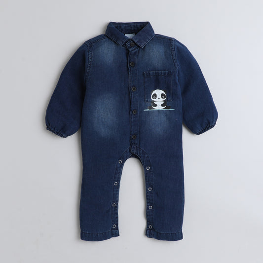 Polka Tots Full Sleeves Panda print Denim Romper - Blue