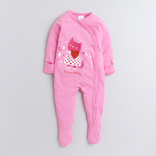 Polka Tots Full Sleeves Folded Mittens Style Cat Print Footed Romper - Pink