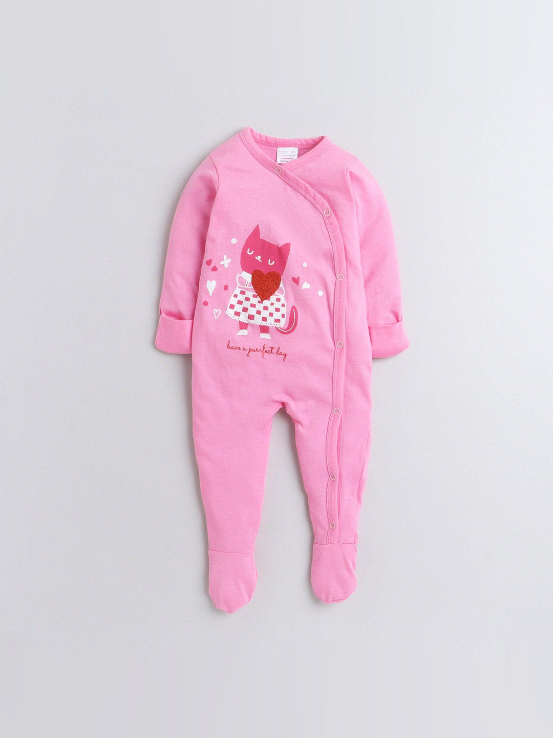 Polka Tots Full Sleeves Folded Mittens Style Cat Print Footed Romper - Pink