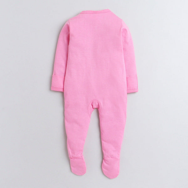 Polka Tots Full Sleeves Folded Mittens Style Cat Print Footed Romper - Pink
