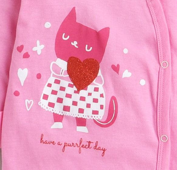 Polka Tots Full Sleeves Folded Mittens Style Cat Print Footed Romper - Pink