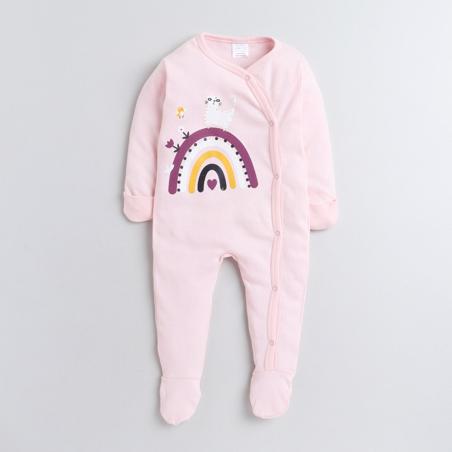 Polka Tots Full Sleeves Folded Mittens Style Rainbow Print Footed Romper - Pink