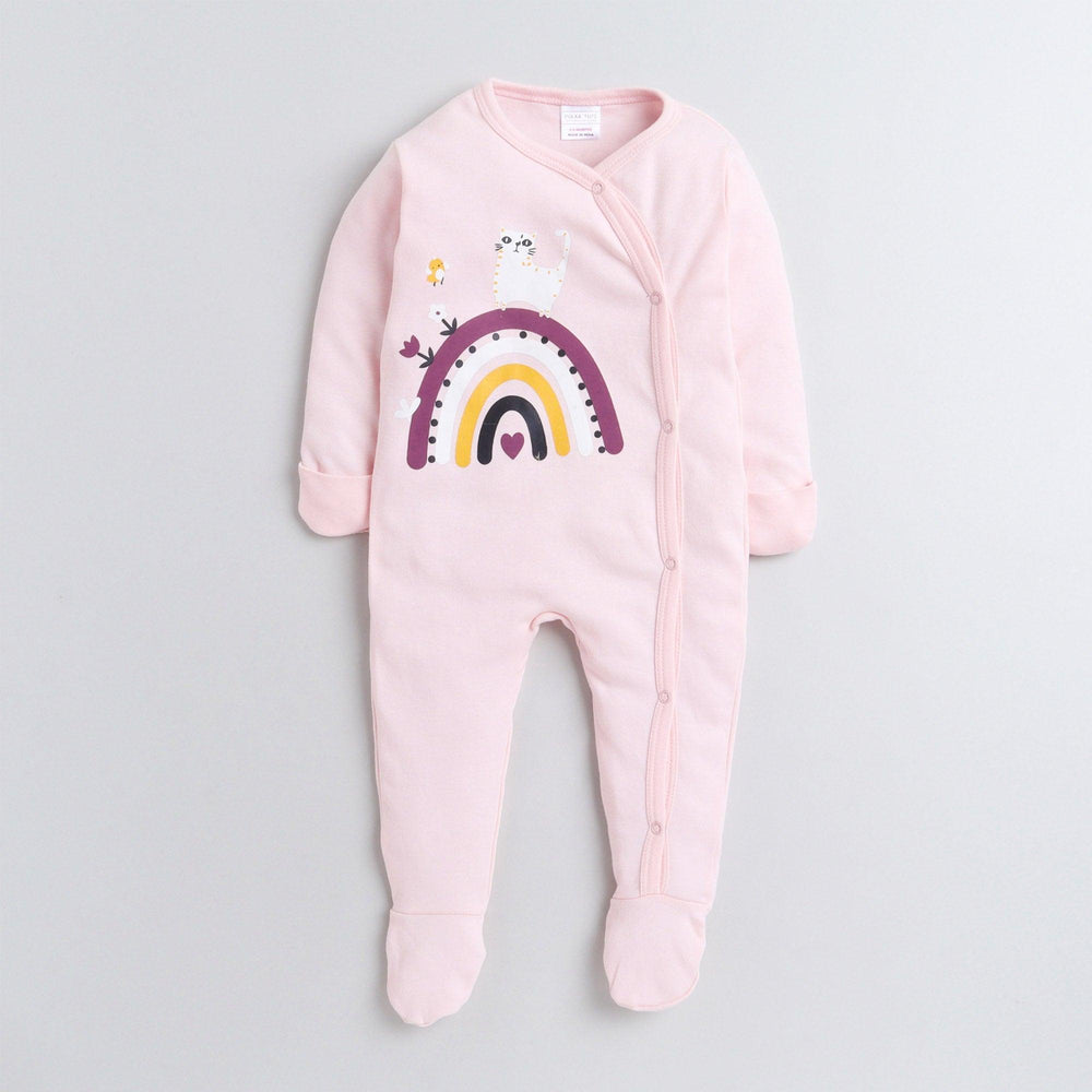 Polka Tots Full Sleeves Folded Mittens Style Rainbow Print Footed Romper - Pink