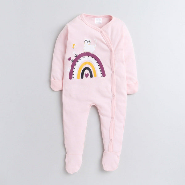 Polka Tots Full Sleeves Folded Mittens Style Rainbow Print Footed Romper - Pink