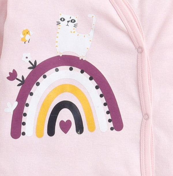 Polka Tots Full Sleeves Folded Mittens Style Rainbow Print Footed Romper - Pink
