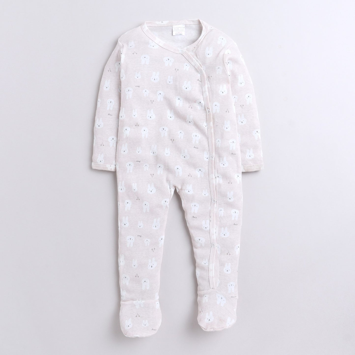 Polka Tots Full Sleeve Bunny Print Footsie - Pink