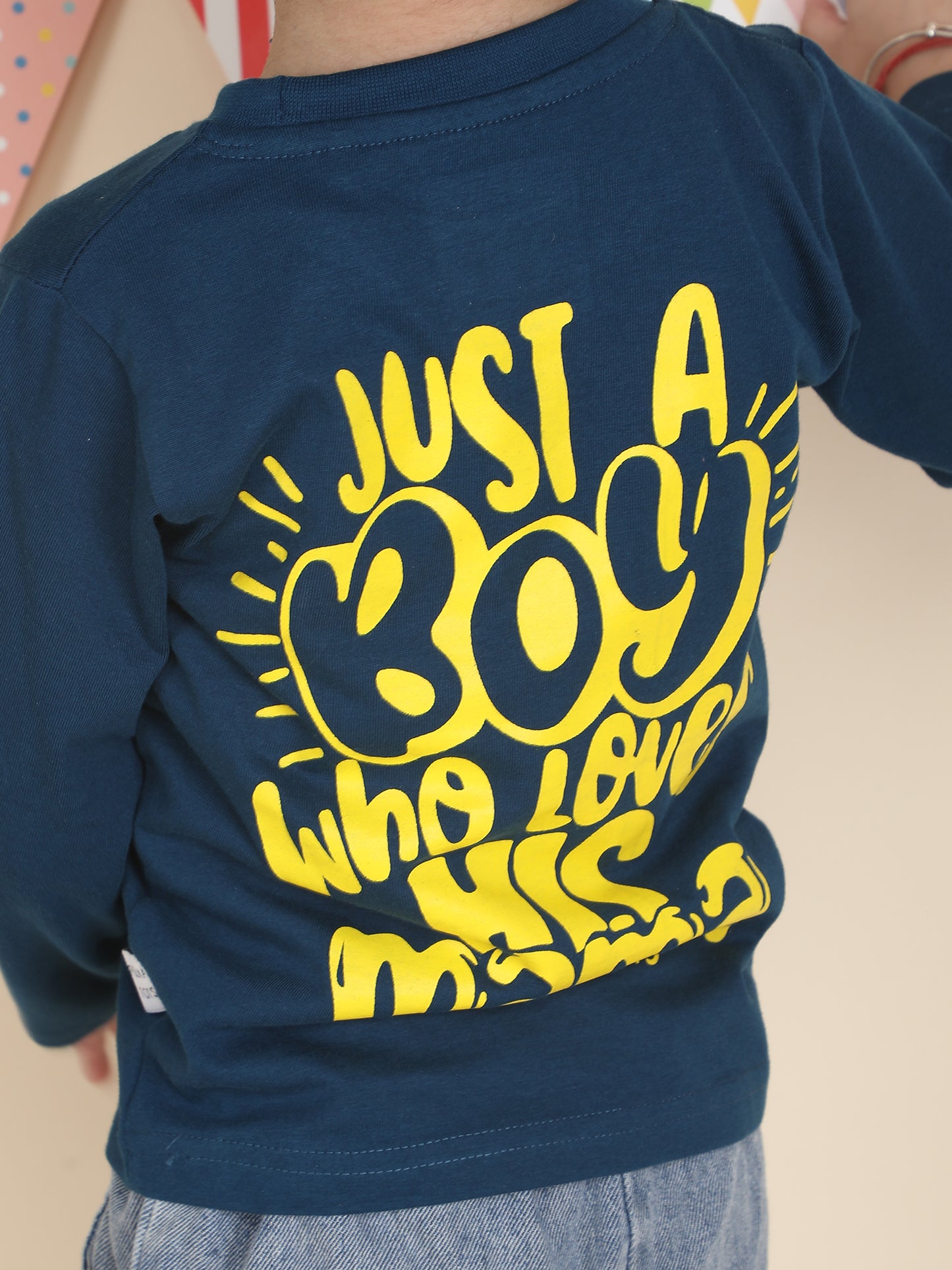 Polka Tots Full Sleeves Just a Boy who Loves his Mama print T-shirt - Blue