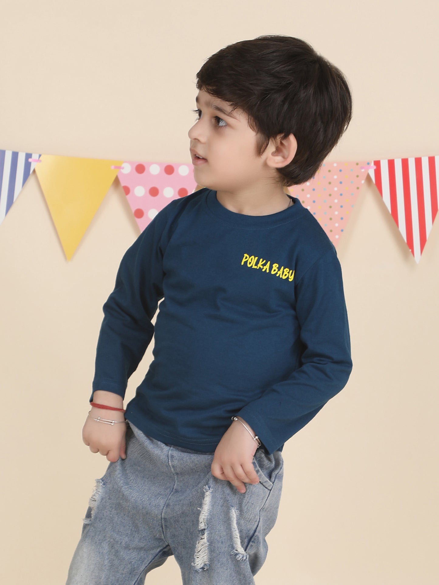 Polka Tots Full Sleeves Just a Boy who Loves his Mama print T-shirt - Blue