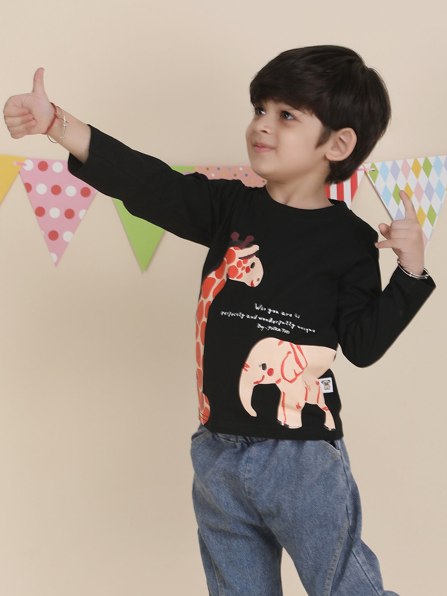 Polka Tots Full Sleeves Animal print T-shirt - Black