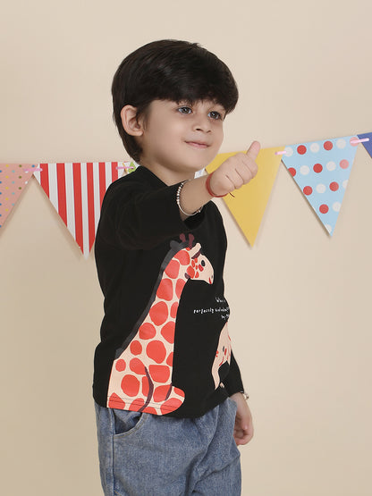 Polka Tots Full Sleeves Animal print T-shirt - Black