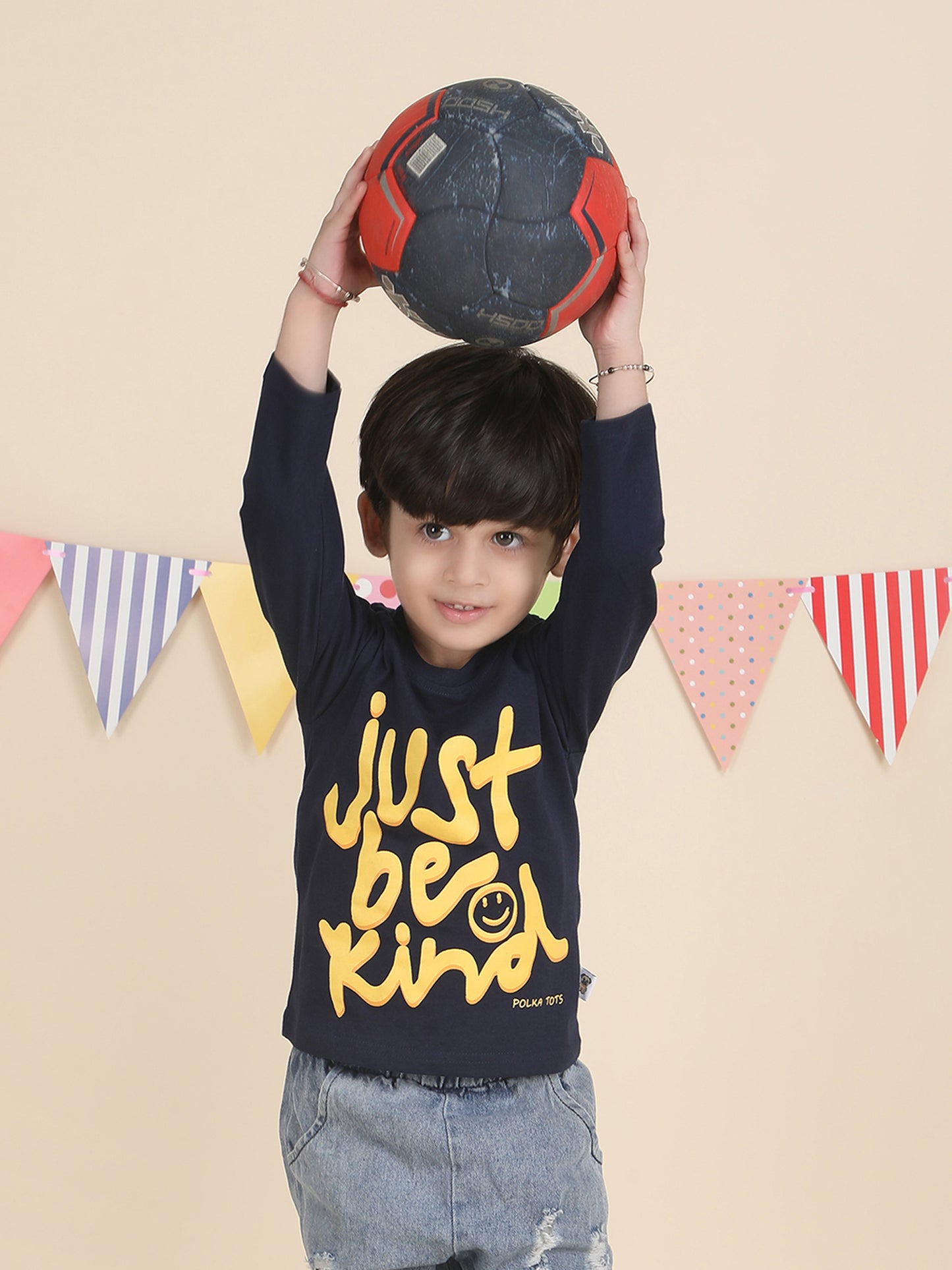 Polka Tots Full Sleeves Just be Kind print T-shirt - Blue