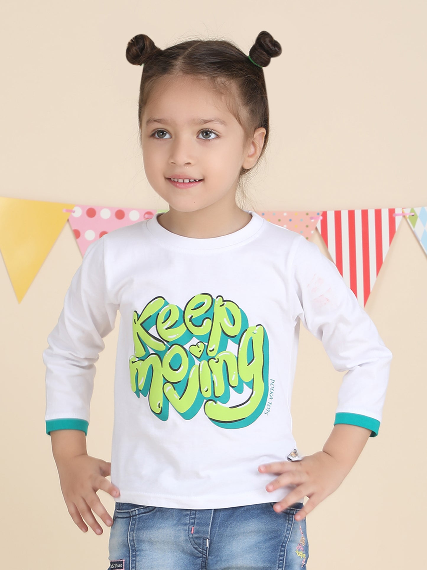 Polka Tots Full Sleeves Keep Moving print T-shirt - White