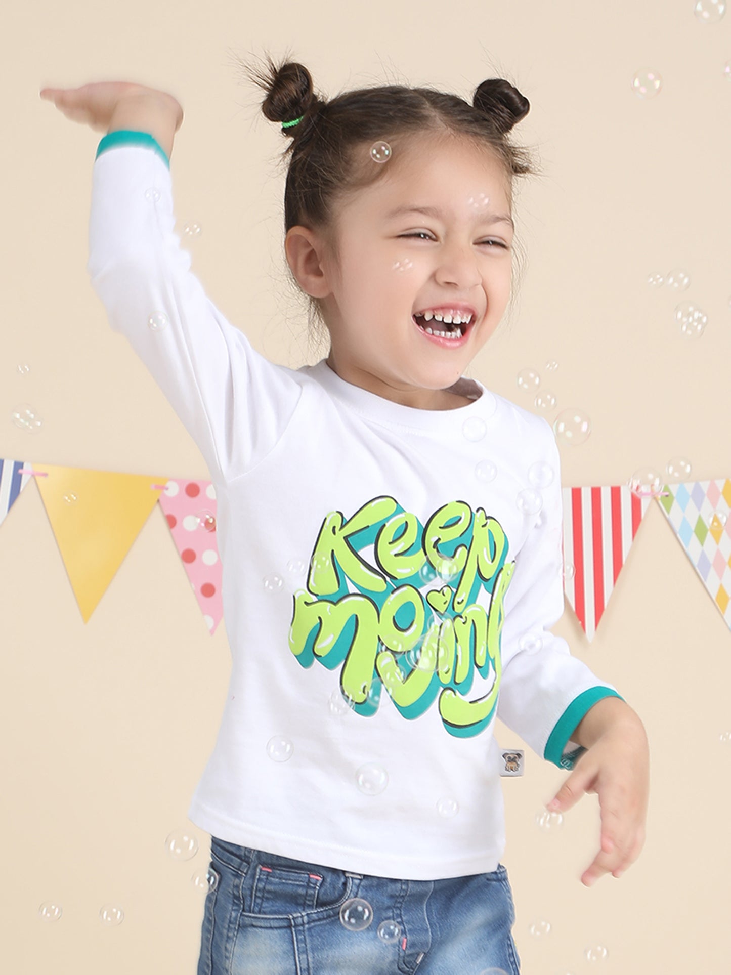 Polka Tots Full Sleeves Keep Moving print T-shirt - White