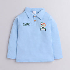 Polka Tots Full Sleeves Safari Car Printed Tee - Sky Blue