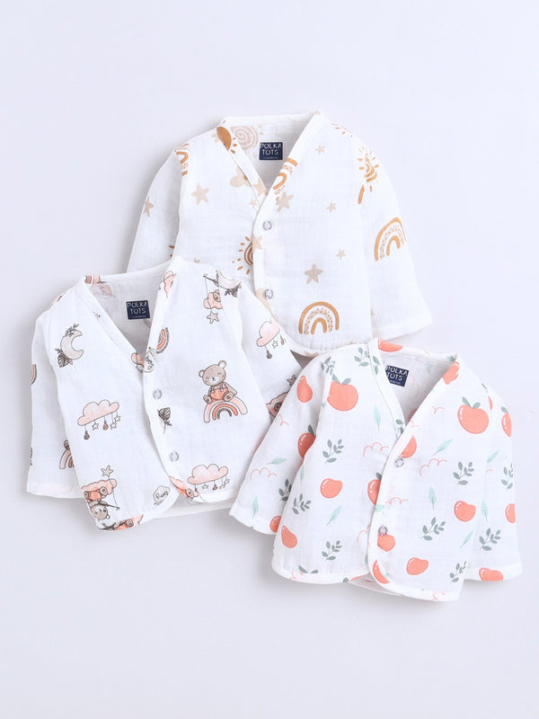 Polka Tots Soft Cotton Pack of 3 Full-Sleeve Baby Jhablas (Boho, Teddy & Rainbow Print) – White