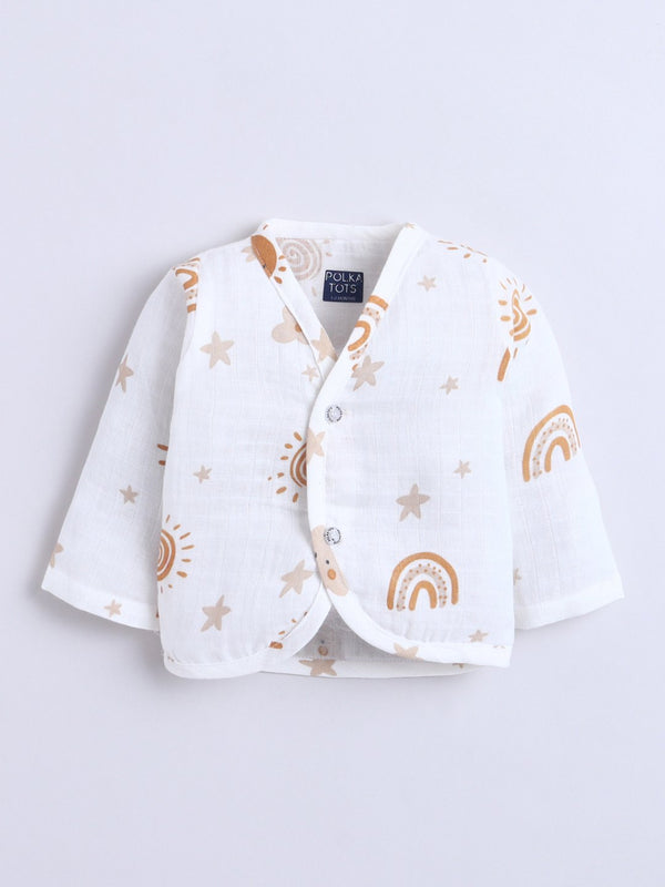 Polka Tots Soft Cotton Pack of 3 Full-Sleeve Baby Jhablas (Boho, Teddy & Rainbow Print) – White