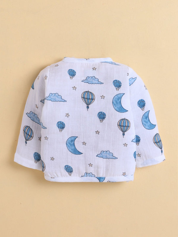 Polka Tots Soft Cotton Pack of 3 Full-Sleeve Baby Jhablas (Sky, Numeric & Space Print) – White