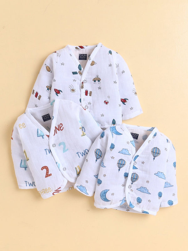 Polka Tots Soft Cotton Pack of 3 Full-Sleeve Baby Jhablas (Sky, Numeric & Space Print) – White