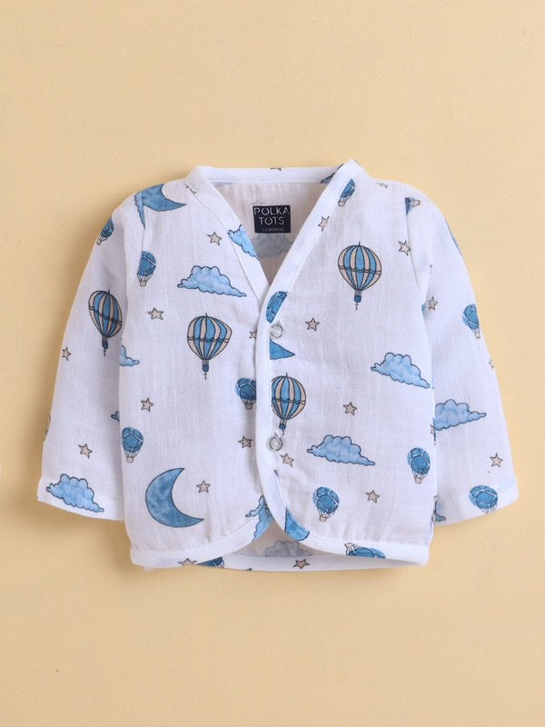 Polka Tots Soft Cotton Pack of 3 Full-Sleeve Baby Jhablas (Sky, Numeric & Space Print) – White