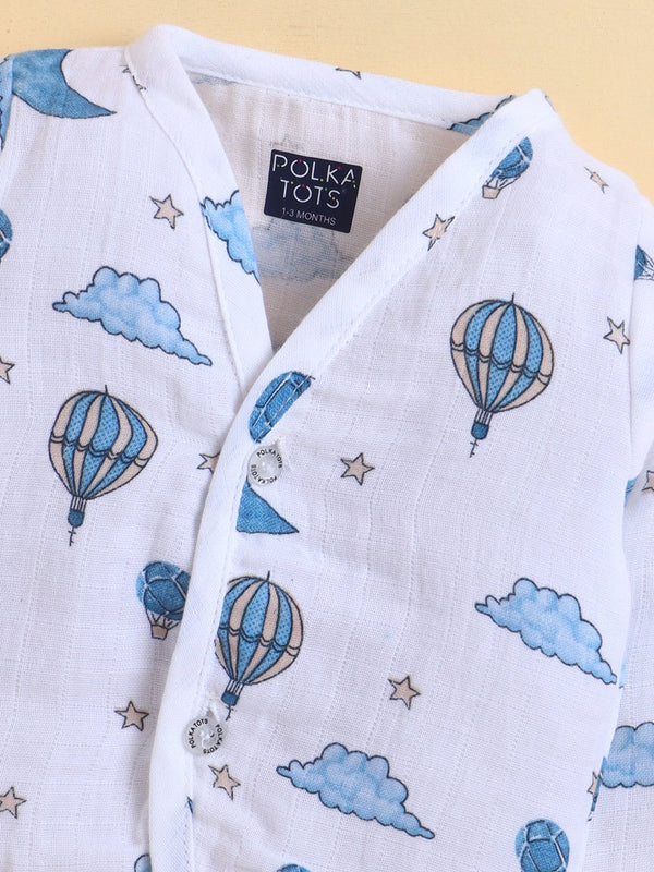 Polka Tots Soft Cotton Pack of 3 Full-Sleeve Baby Jhablas (Sky, Numeric & Space Print) – White