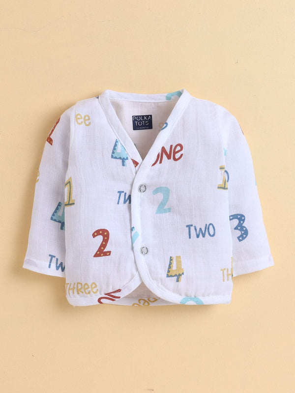 Polka Tots Soft Cotton Pack of 3 Full-Sleeve Baby Jhablas (Sky, Numeric & Space Print) – White