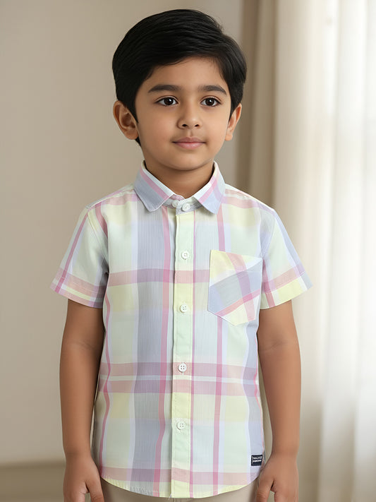 Polka Tots Half Sleeves Checks print Kids Shirt - Yellow