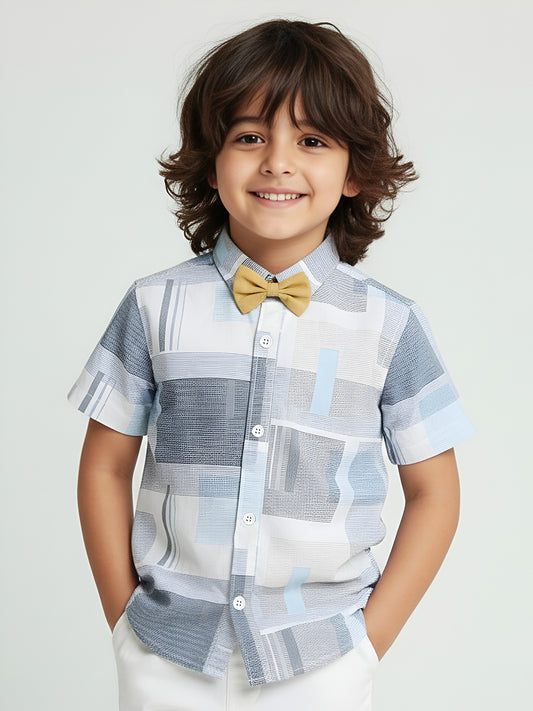 Polka Tots Half Sleeves Shirt with Bow Tie - Grey