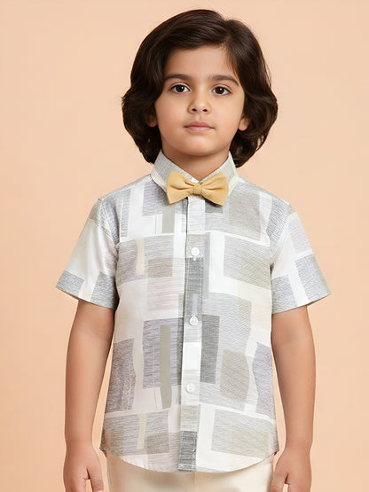 Polka Tots Half Sleeves Shirt with Bow Tie - Beige
