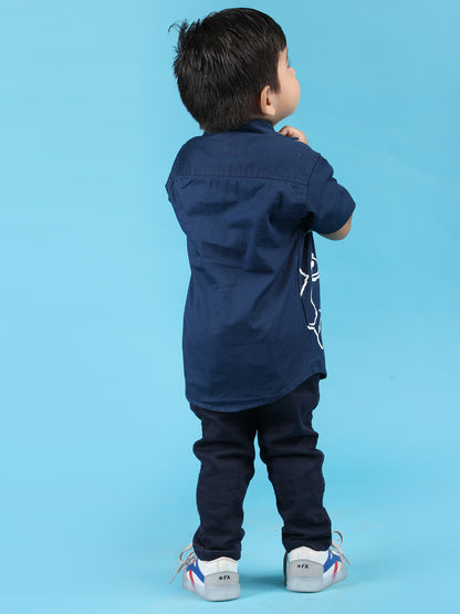 Polka Tots Half Sleeves Teddy print T-shirt shirt - Navy Blue