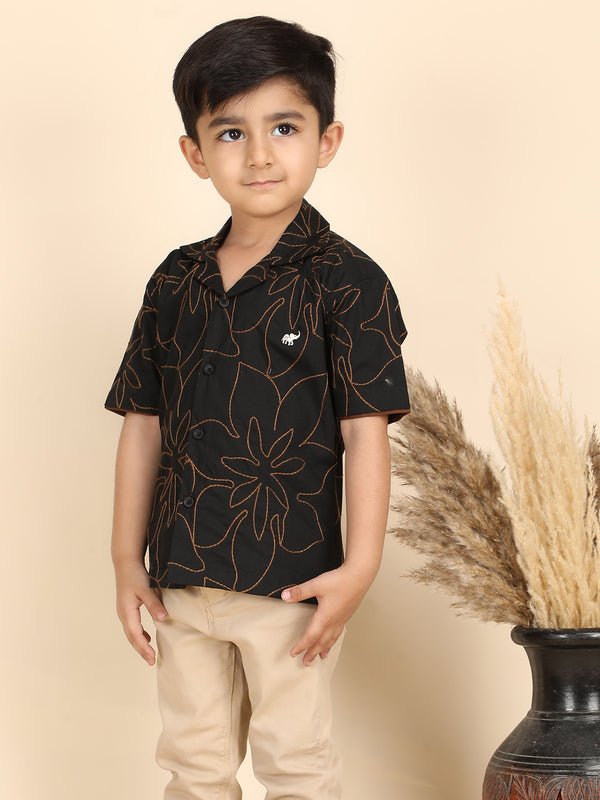 Polka Tots Half Sleeves Embroidered Shirt - Black