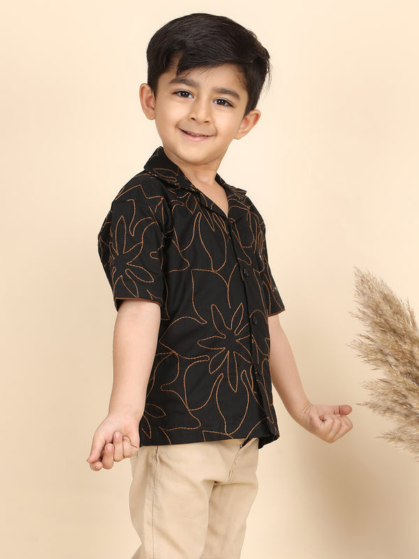 Polka Tots Half Sleeves Embroidered Shirt - Black