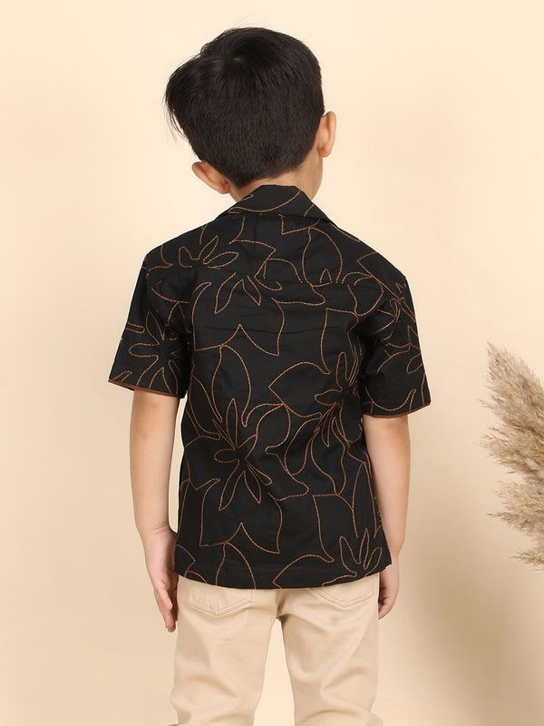 Polka Tots Half Sleeves Embroidered Shirt - Black