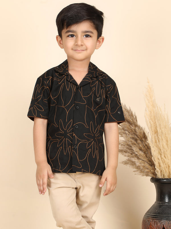 Polka Tots Half Sleeves Embroidered Shirt - Black