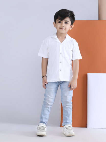 Polka Tots Half sleeve Sunglass Embroidery Textured Shirt - White