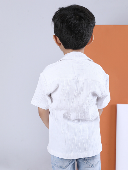 Polka Tots Half sleeve Sunglass Embroidery Textured Shirt - White