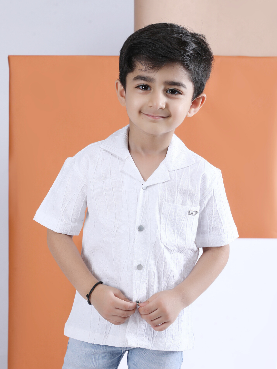 Polka Tots Half sleeve Sunglass Embroidery Textured Shirt - White