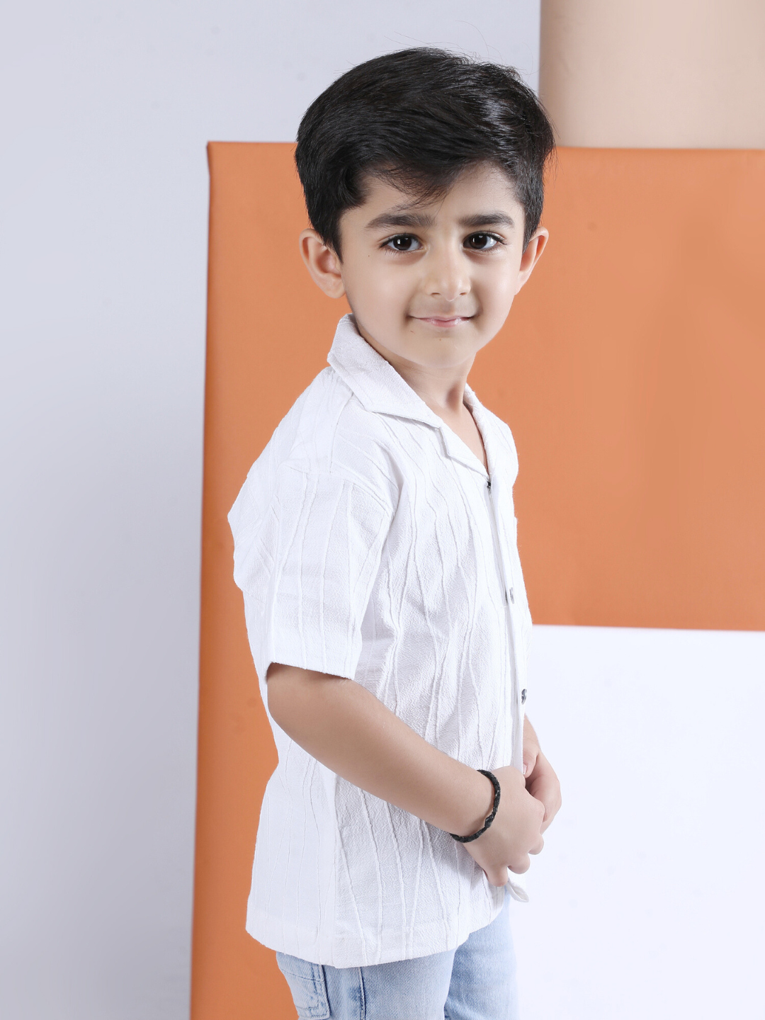 Polka Tots Half sleeve Sunglass Embroidery Textured Shirt - White