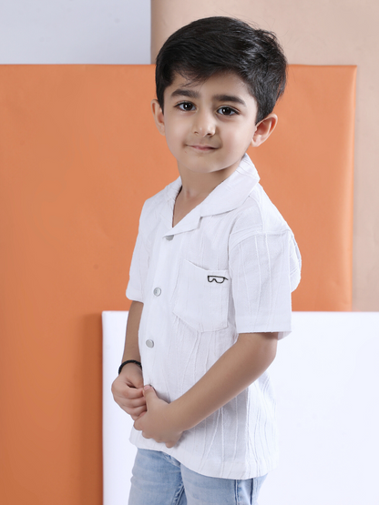 Polka Tots Half sleeve Sunglass Embroidery Textured Shirt - White