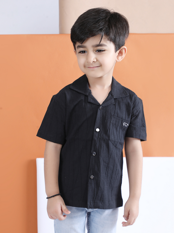 Polka Tots Half sleeve Sunglass Embroidery Textured Shirt - Black