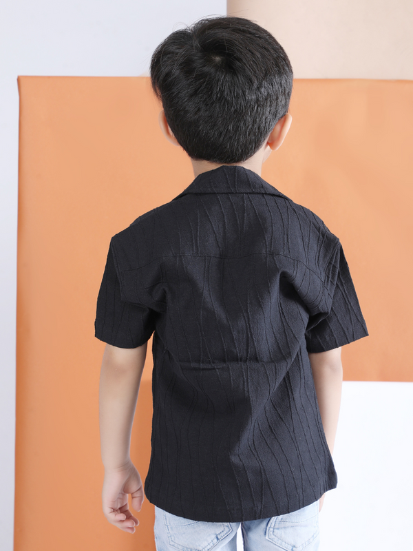 Polka Tots Half sleeve Sunglass Embroidery Textured Shirt - Black